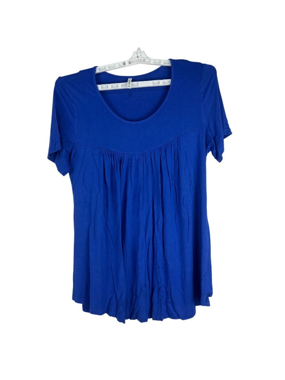 Longyuan Womens Short Sleeve Top XL Blue Stretchy Rayon Blend Scoop Neck Flowy
